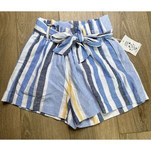 Indigo Rain Women's Striped Shorts Blue White Linen‎ Blend Belted Medium NWT